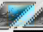 Charles Benoit Seascape with Dolphins, Oil on Canvas: Oil on canvas depicting two dolphins swimming in a vibrant underwater seascape with coral and fish. Signed "C. Benoit" lower left. Framed. Dimensions: 26 x 29 inches.