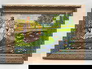 Mother and Child In the Style of Claude Monet: Description: A vibrant pastoral scene depicting a seated woman sewing beside a young child holding a doll, set near a lily-filled pond and blooming garden.Dimensions: H22in L30inMedium: Oil on canvas