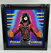 "Psycho Circus Welcome to the Show" by Paul Stanley (American, b.1952) Giclee: Description: Bold and colorful artwork depicting a KISS band member in stage costume with flaming hands, vibrant neon background, and the text “Psycho Circus Welcome to the Show.” Created
