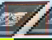 Antique Sepia Print of Farm Scene with Cows and Shepherdess: Early 20th-century sepia-toned print depicting a pastoral farm scene with a young shepherdess, a cow drinking from a trough, and a sheep nearby. Framed under glass in a dark wood frame with gilt