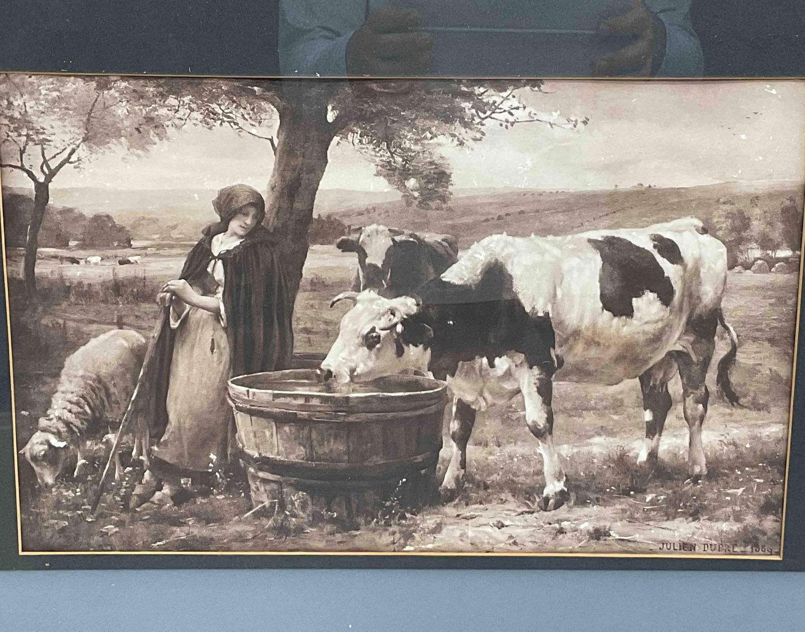 Antique Sepia Print of Farm Scene with Cows and Shepherdess - 2