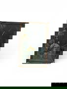 Framed Romantic Genre Scene with Seated Figure and Night Sky: Framed artwork depicting a romantic genre scene featuring a seated figure in a contemplative pose within a nocturnal setting. The composition is rendered in subdued, atmospheric tones, with