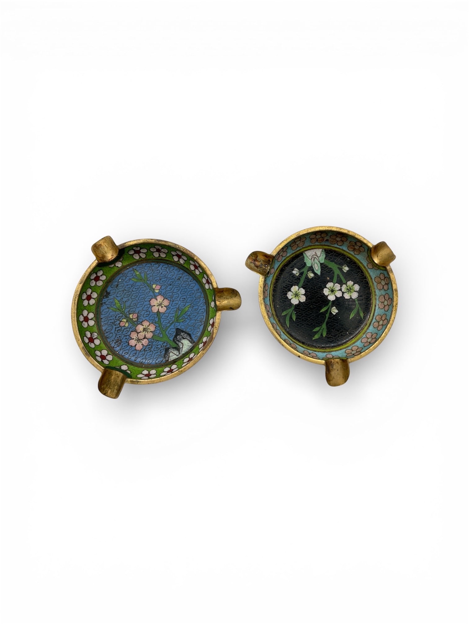 Vintage Chinese Cloisonné Ashtrays: Vintage Chinese Cloisonné Ashtrays featuring enamel work on a brass base. Dimensions: 4 Diam