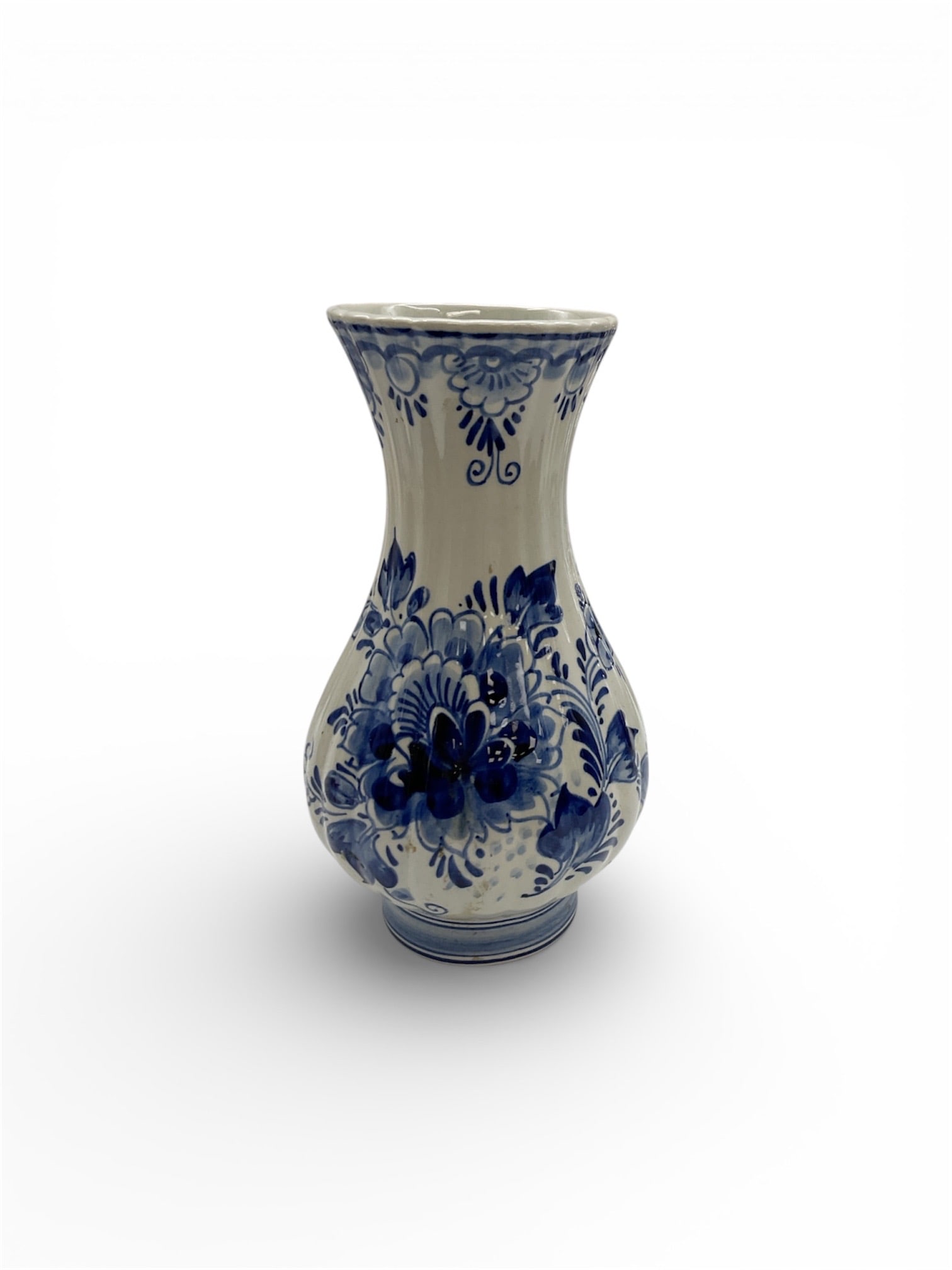 Delft Hand-Painted Vase: Hand-painted Delft Blue vase, a form of Dutch tin-glazed earthenware. Dimensions: 7x4