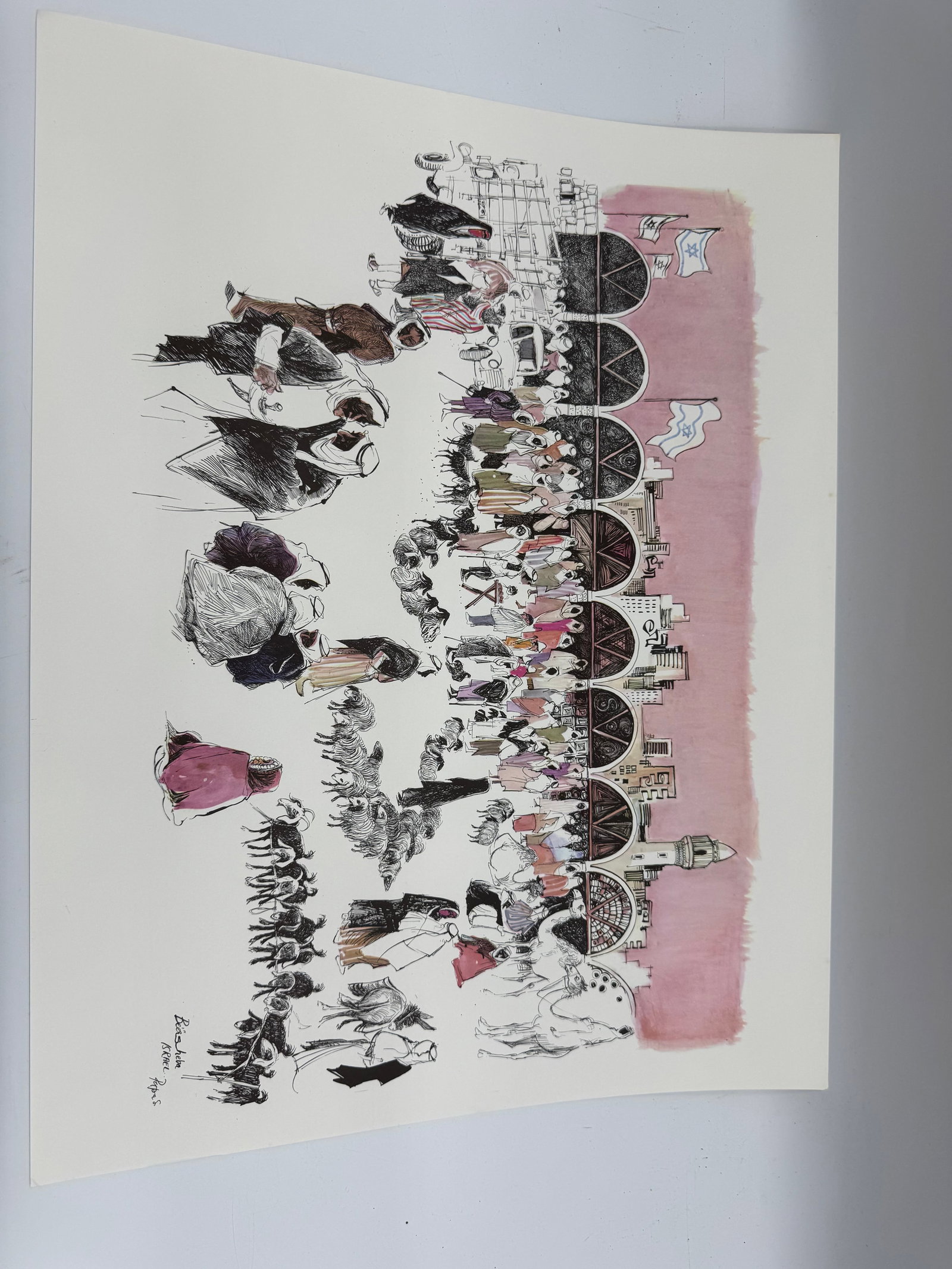Beersheba Israel by Papas: A detailed and dynamic illustration of Beersheba by Papas, depicting a bustling market scene with merchants, wagons, camels, and townspeople. The artist’s expressive ink and watercolor