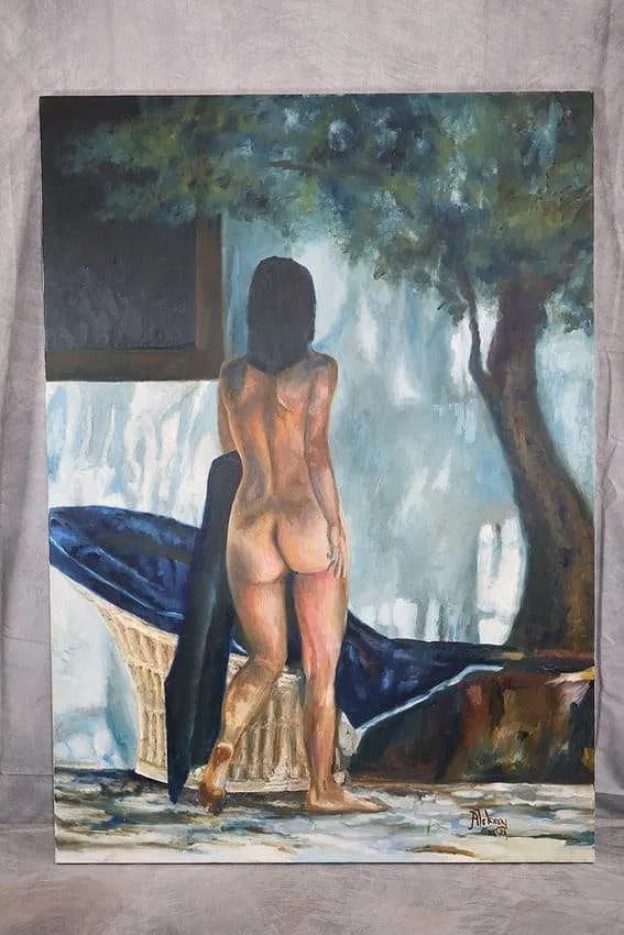 Jacqueline Kennedy Onassis Oil Painting w. Papers: Oil on canvas nude painting of Jackie Onassis by Alekxey Sabido. Provenance: In 1973 during a marital dispute Between Jackie Onassis and her husband Aristotle Onassis the paparazzi was made aware