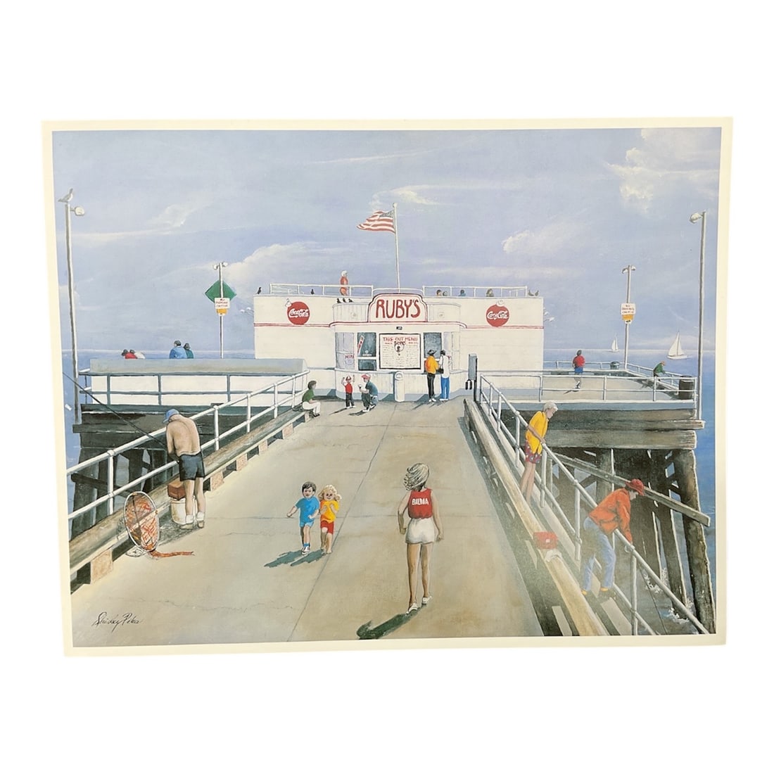 Pier at Ruby’s, California Coast: Original artwork by Shirley Piha depicting a lively coastal pier scene with figures strolling toward Ruby’s at the end of the dock. Rendered with soft, sunlit tones and relaxed brushwork, the co