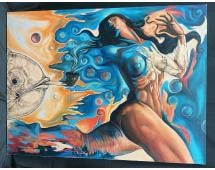 "Cosmic Breath" by Darwin: A hypnotic surreal painting depicting a partially nude woman exhaling swirling blue smoke that blends into floating bubbles and waves of cosmic energy. Her body transforms with aquatic and celestial e