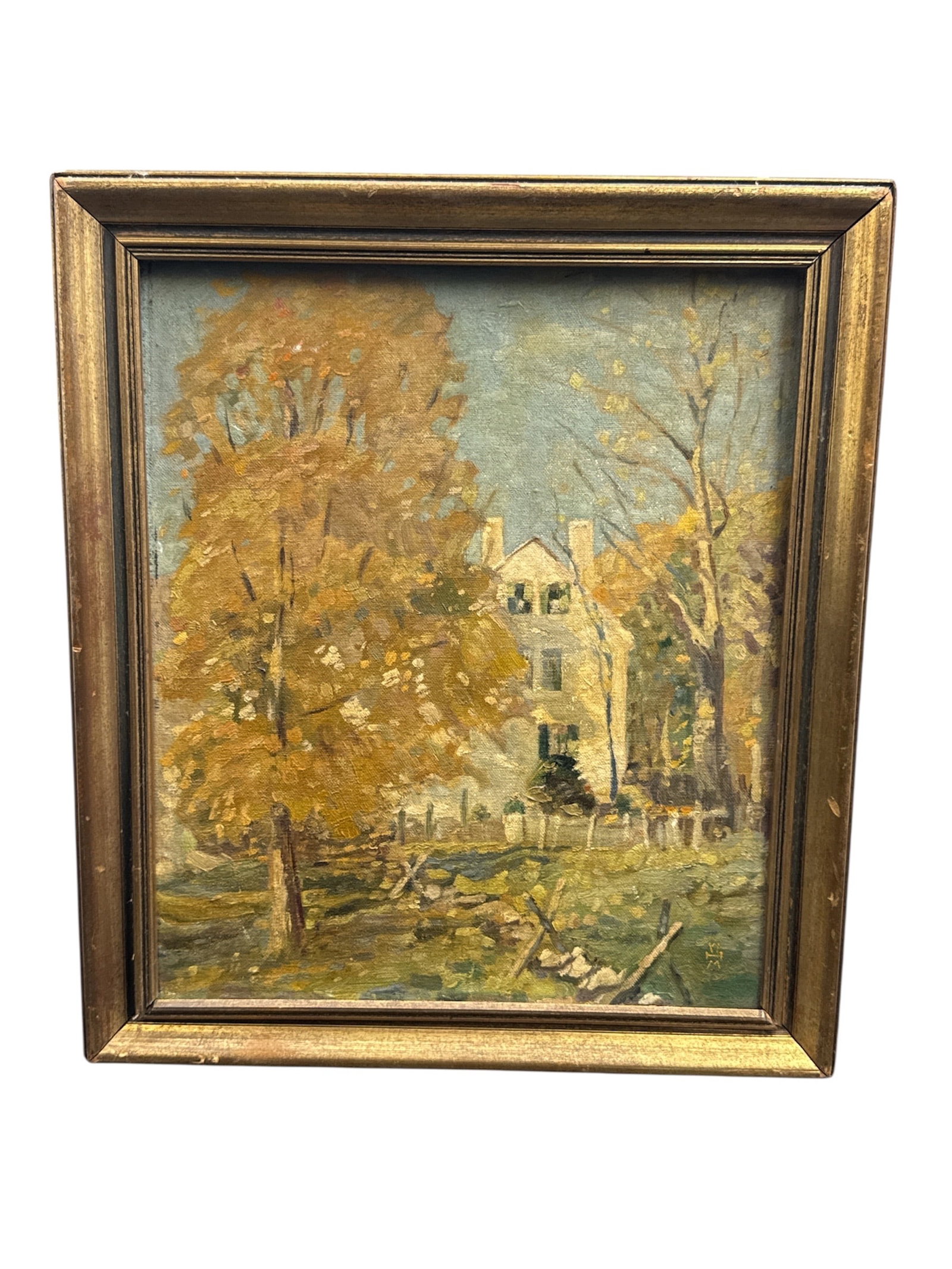 Signed Landscape with House and Autumn Trees Oil on Canvas Painting: This oil on canvas landscape depicts a quiet rural or suburban scene featuring a house partially obscured by autumn trees, rendered in a loose, painterly style. The artist uses textured brushstrokes a