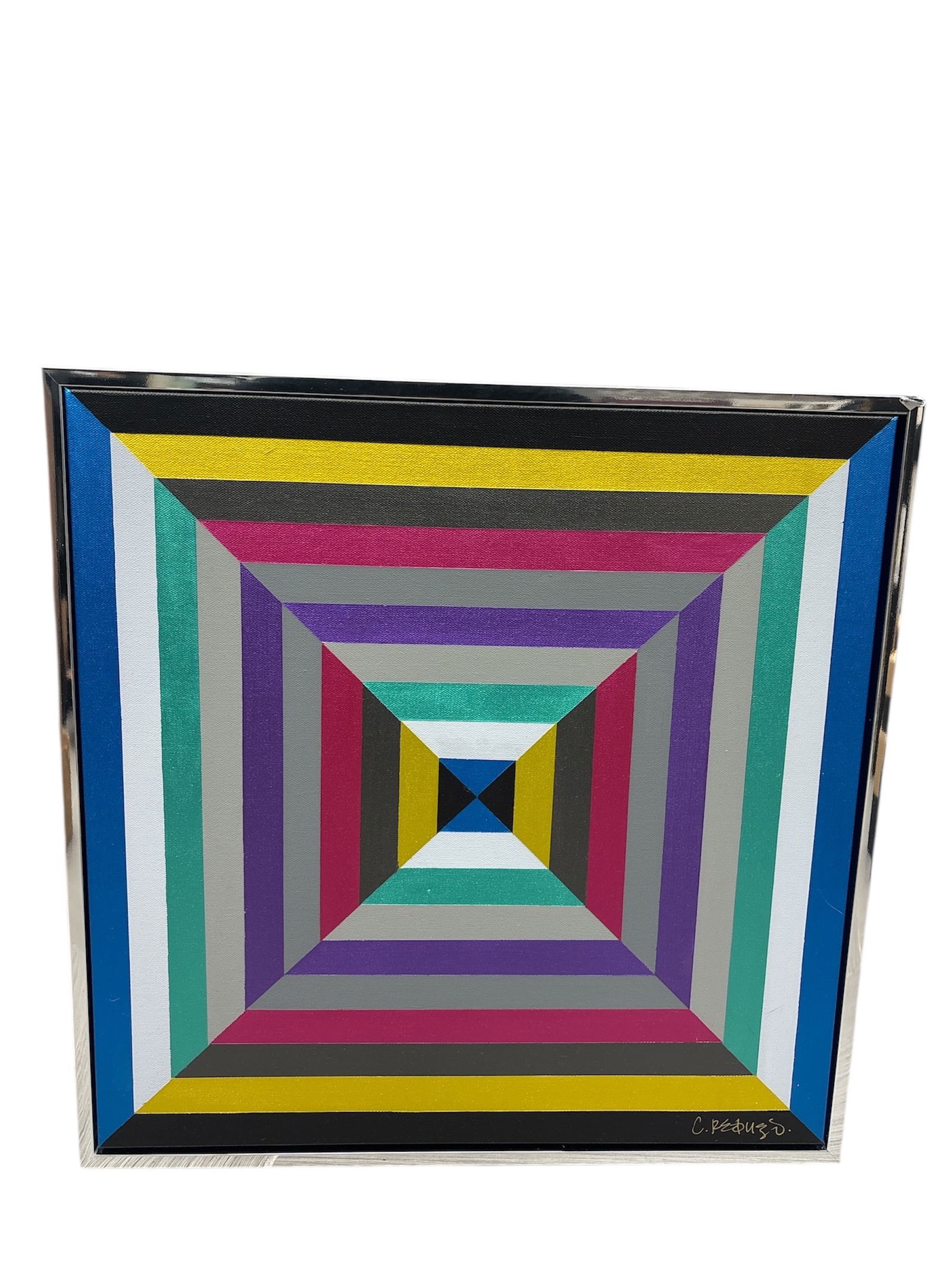 "Metallic Contrast" by Camilo Requejo (Mexican/American, b.1976) Acrylic on Canvas: An original acrylic on canvas by the listed Mexican-Spanish architect and artist Camilo Requejo, known for his precise and colorful geometric works that explore perspective and depth. Requejo, who is