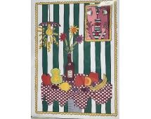 James Rizzi 'Table Top': Playful and colorful print depicting a stylized table setting with fruit, flowers, a bottle, and a portrait of two faces on a green striped wall.Medium: Offset lithograph on paper