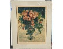 Bouquet in Glass Vase by Pierre-Auguste Renoir (after): Impressionist-style floral still life depicting a vibrant bouquet of pink roses in a clear glass vase. Edition marked 12/375, with printed signature. Medium: Color lithograph on paper