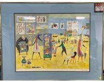 Untitled (Gallery Scene) by Guillermo Silva Santamaria: Vibrant surrealist scene by Colombian artist Guillermo Silva Santamaria featuring elongated figures interacting in a whimsical gallery setting filled with colorful art displays. Signed in the lower