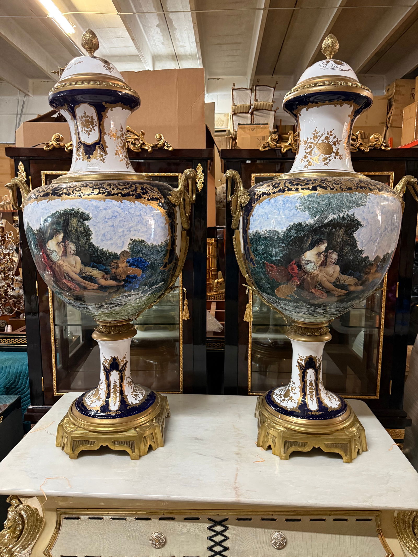 Pair of Monumental Sèvres-Style Gilt Bronze-Mounted Covered Urns (1 of 1)