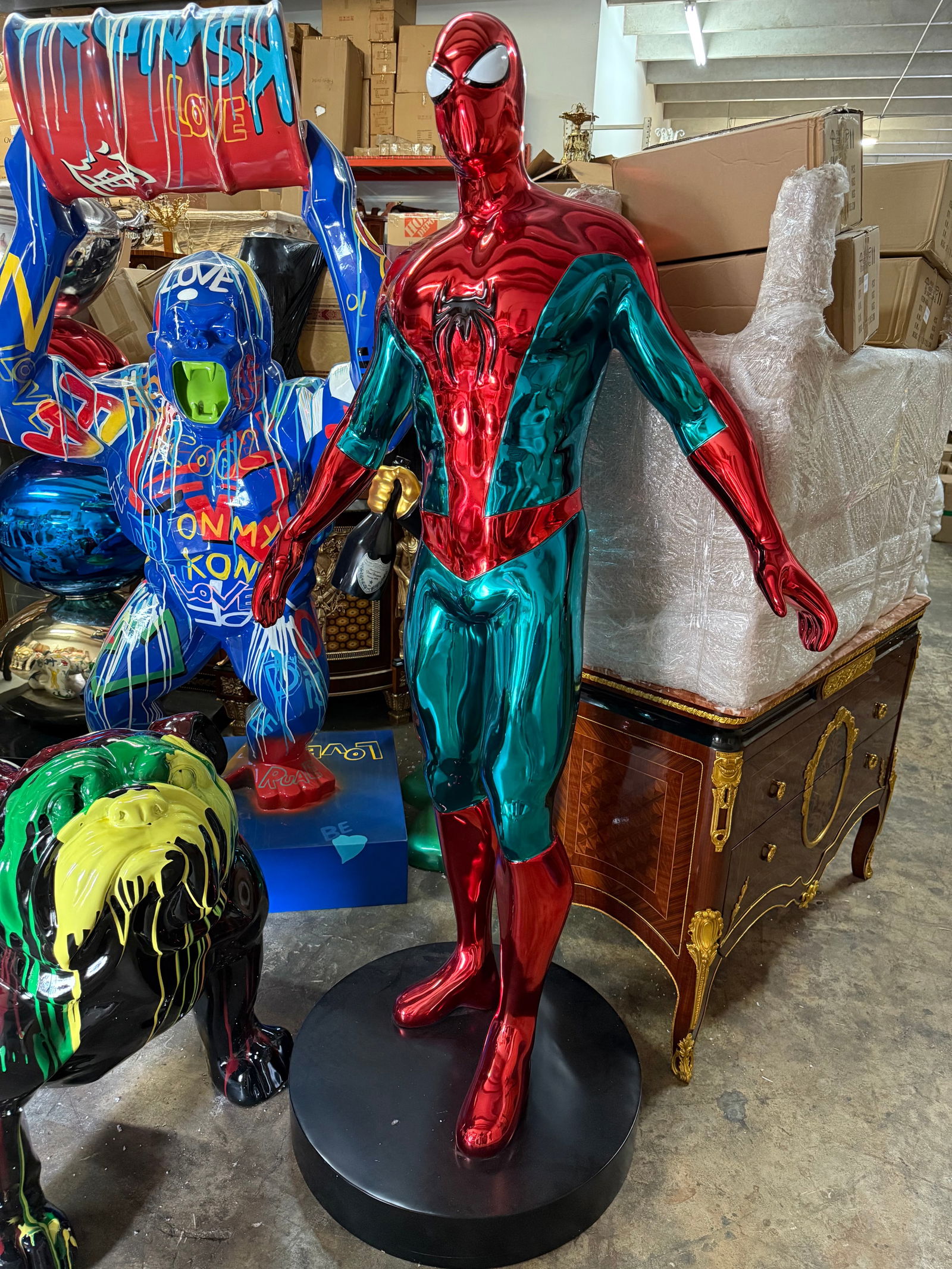 Life-Size Pop Art Marvel Spider-Man Statue Polychrome Finish: Description: A spectacular, large-scale pop art sculpture of the iconic Marvel superhero, Spider-Man. This piece is a true statement item for any collector, fan, or design enthusiast. Key Features: