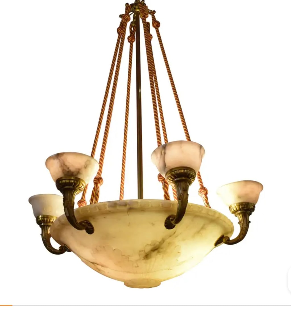 Impressive Antique Art Deco / Neoclassical Carved Alabaster & Gilt Bronze Chandelier (1 of 5)