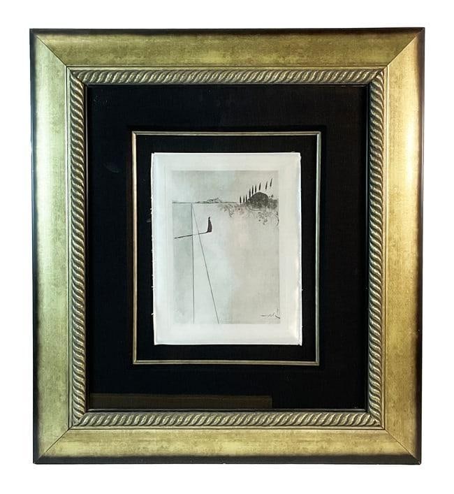 Extremely Rare Salvador Dali Etching on Silk: This etching, titled "Inferno 1," is part of Salvador Dalí's Divine Comedy series. The piece depicts a surreal and thought-provoking interpretation of Dante's Inferno, showcas