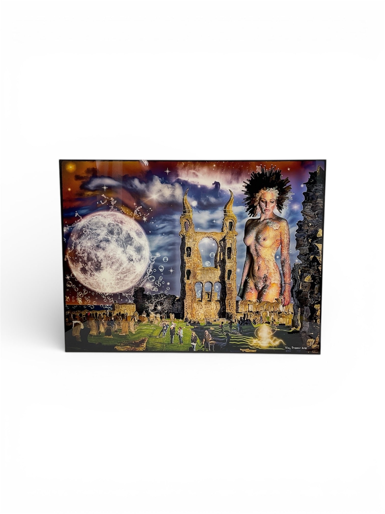 Sam Dobrow St Andrews Muse Mystic Series Limited Edition Giclée 2018: Limited edition acrylic-mounted giclée by Sam Dobrow titled St Andrews Muse, from the artist’s Mystic Series. This surreal composition presents a towering female muse set within the histo