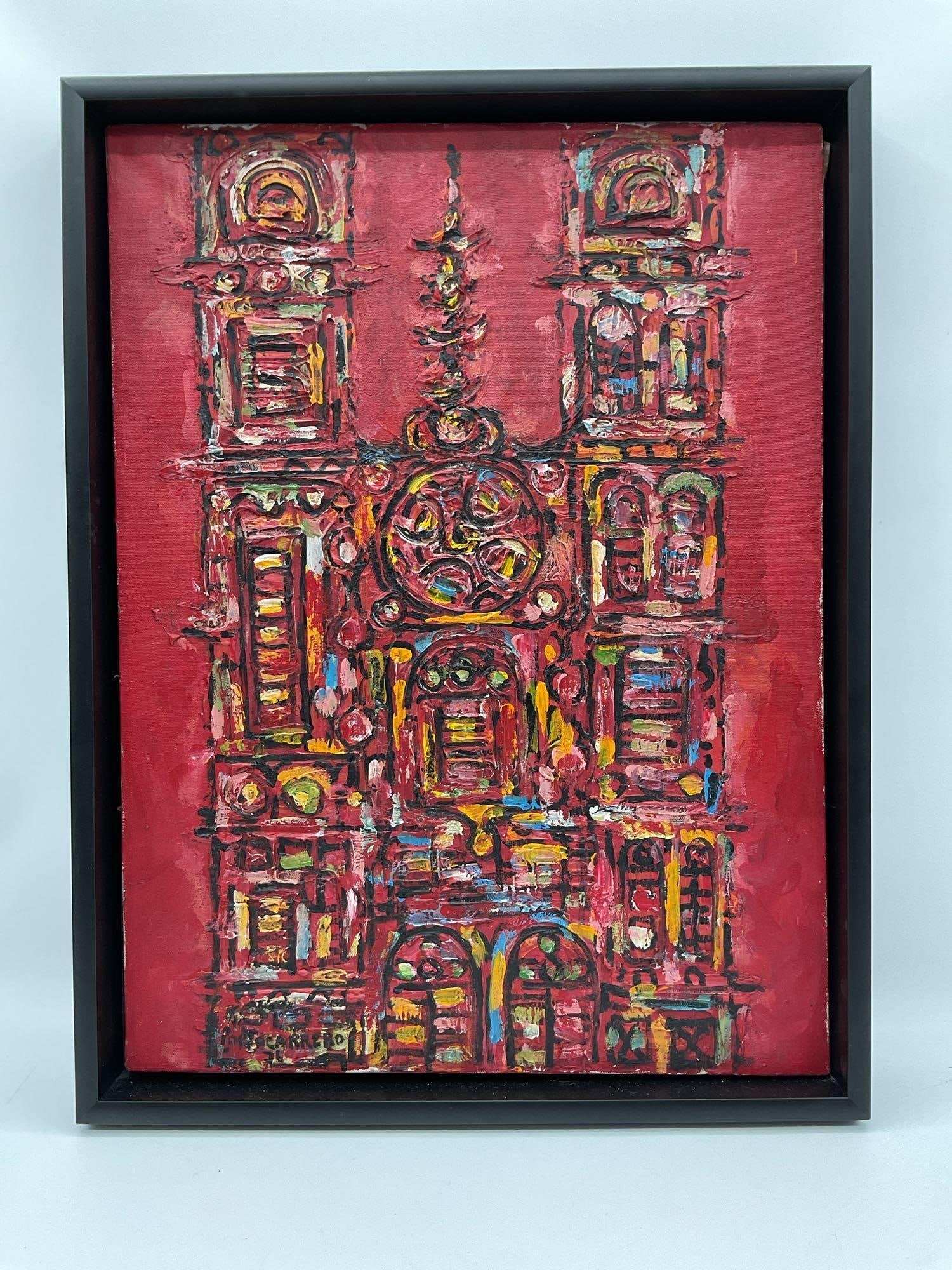 Catedral en Rojo by Rene Portocarrero (Cuba, 1912-1985) w/ Papers: Vibrant oil on canvas painting titled "Catedral en Rojo" by renowned Cuban artist Rene Portocarrero, created in 1976. The composition features a stylized, textural depiction of a cathed