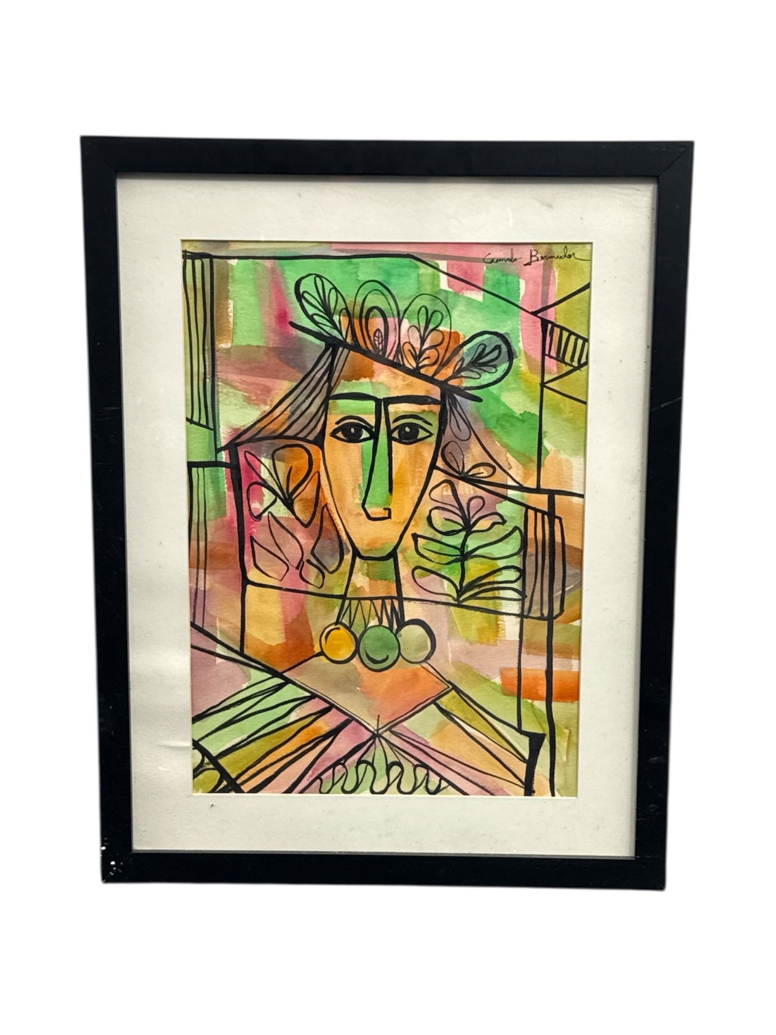 Cundo Bermúdez Signed Framed Abstract Figurative Composition: Framed abstract figurative artwork by Cuban artist Cundo Bermúdez, featuring a stylized female figure rendered in bold colors and simplified geometric forms. The composition reflects Berm&uacut