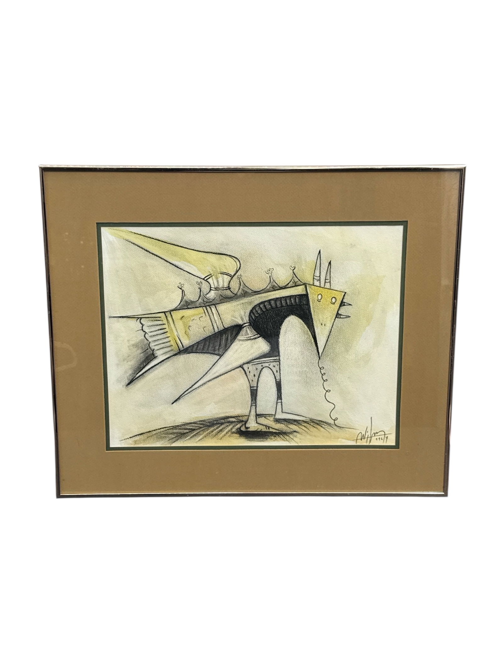 Wifredo Lam (Cuba, 1902-1982) Mixed Media: Framed abstract figurative composition by Cuban artist Wifredo Lam, featuring stylized forms and symbolic imagery characteristic of his modernist and surrealist influence. The composition incorporates