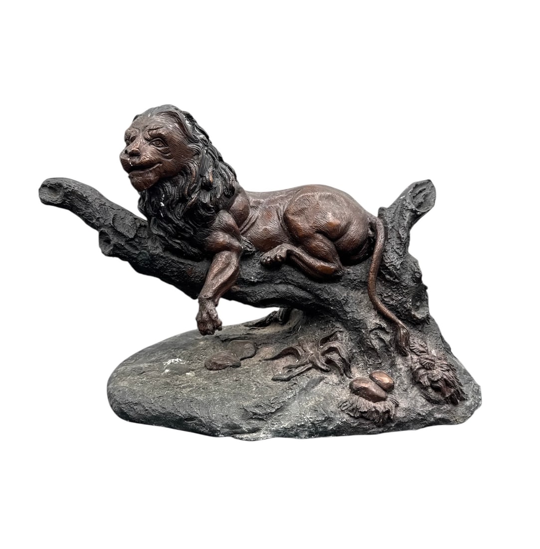 Bronze Lion Sculpture Reclining on Tree Trunk – Wildlife Bronze Art Statue (1 of 2)