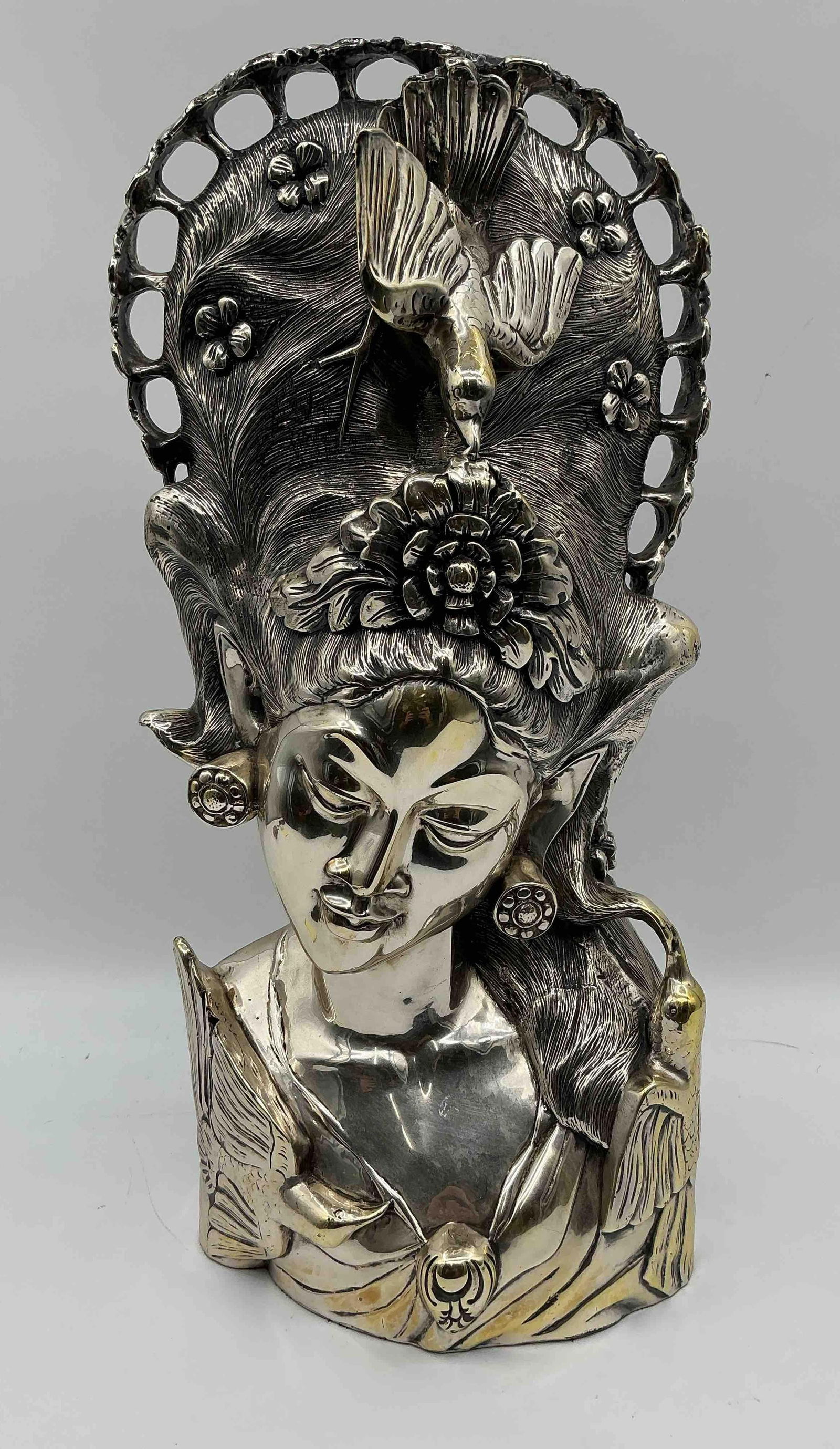 Ornate Silvered Bust of Woman with Bird Motif (1 of 7)