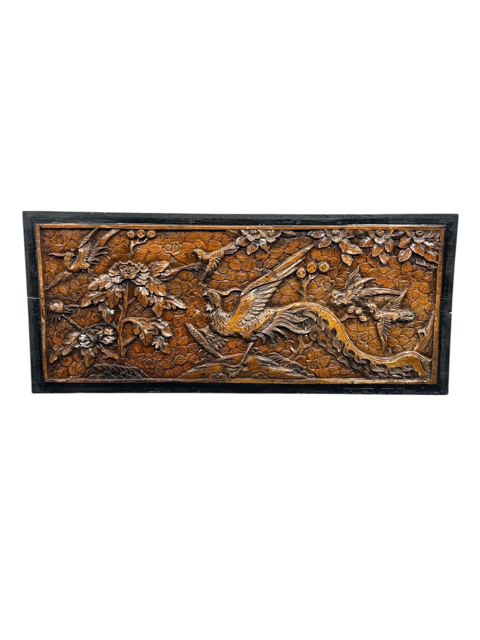 Antique Chinese Hand-Carved Wood Relief Panel, Phoenix & Peony Bird Motif, Qing Dynasty/Early 20th (1 of 3)