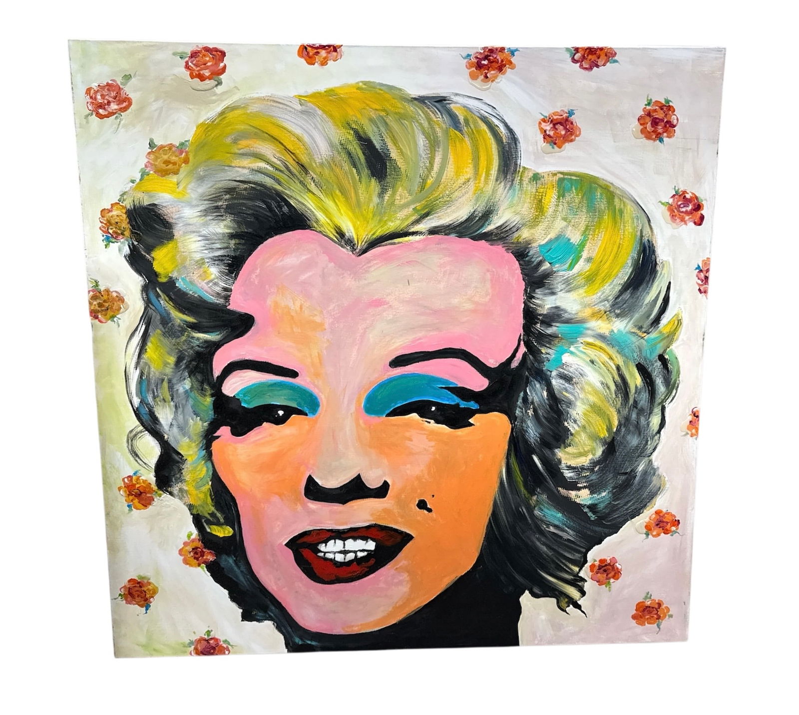 Marilyn Monroe Pop Art Style Painting, 50x50 in: Pop art style painting of Marilyn Monroe. The work is executed with bold colors and a floral background. Canvas measures approximately 50x50 inches.