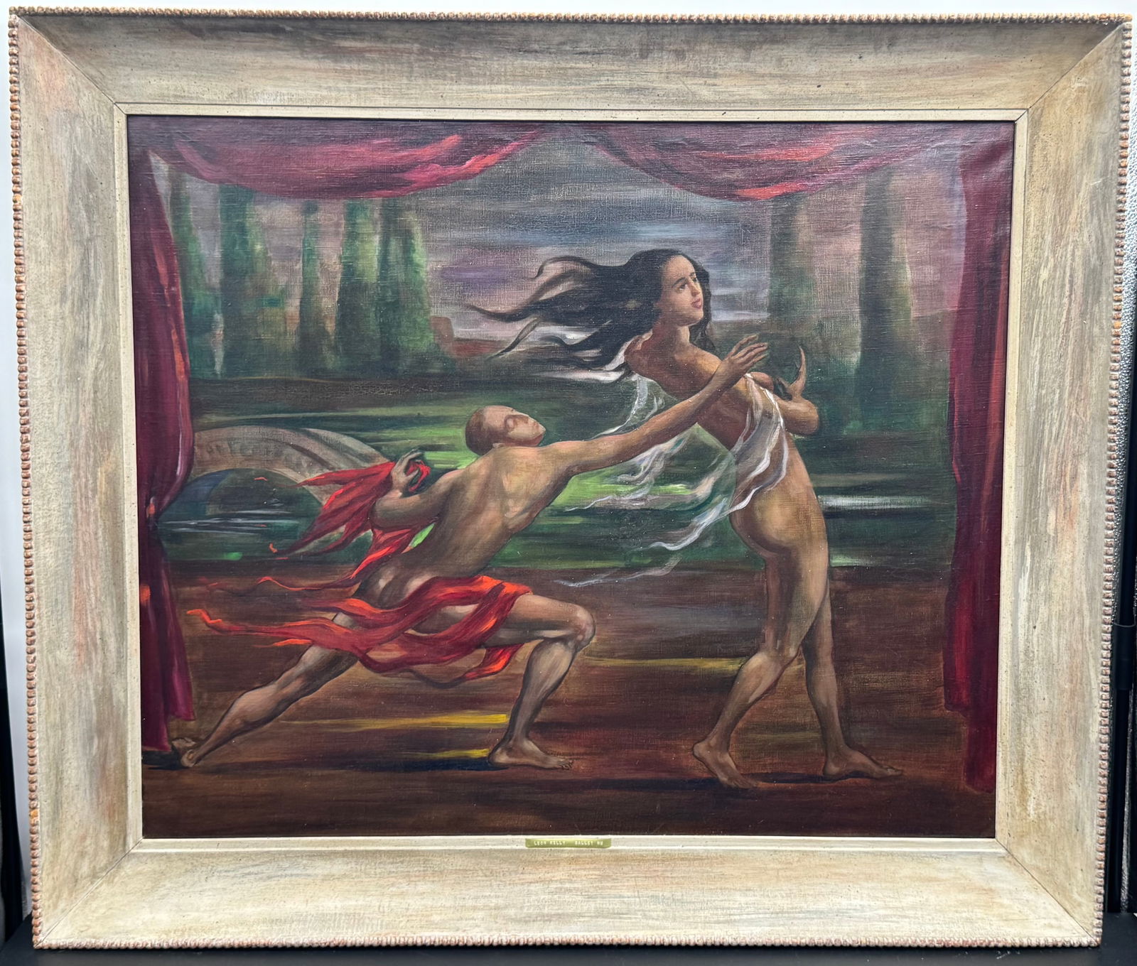 “Ballet Nu?? by Leon Kelly (American, 1901-1982) Oil on Canvas: Description: Original oil on canvas titled Ballet Nu by American surrealist painter Leon Kelly. The dramatic composition presents a stage-like scene framed by deep red curtains, where a nud