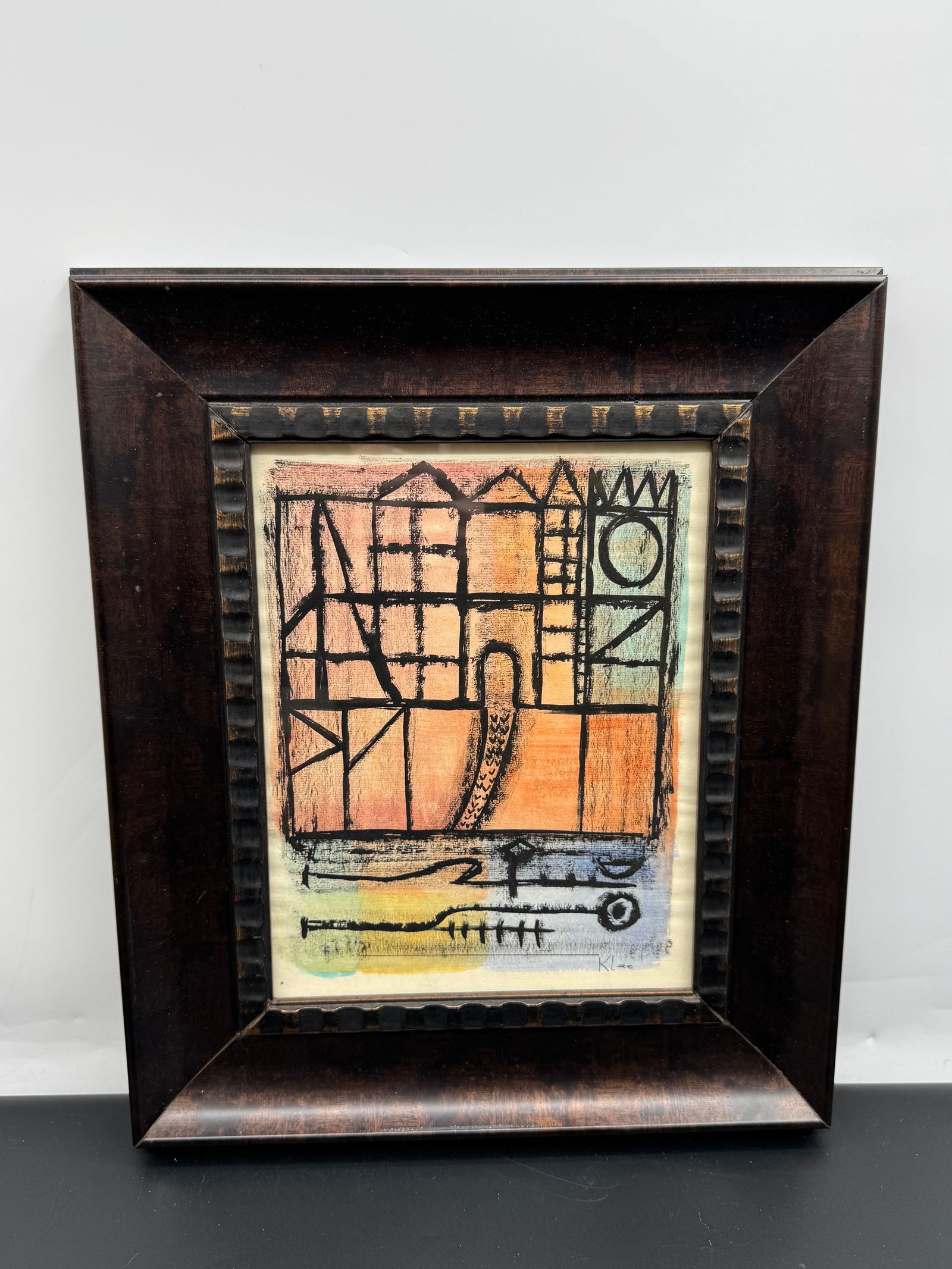 Abstract Geometric Composition by Paul Klee (Swiss/German, 1879-1940) Print: Description: Abstract modernist color print after Paul Klee, featuring a grid-like architectural composition with laddered lines, arches, and symbolic sun and boat motifs. Bold black linear drawing ov