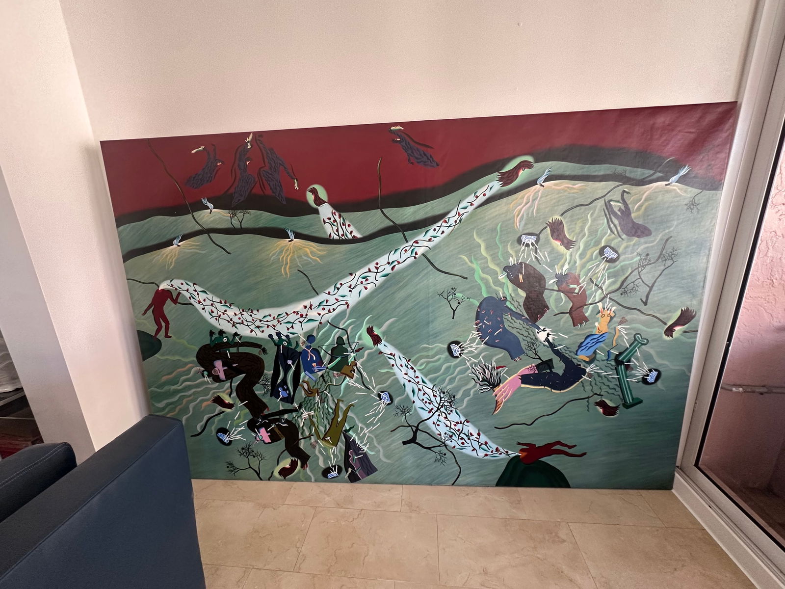 José Bedia Valdés (Cuba, b.1959) Oil on Canvas: Description: Painting by Cuban artist José Bedia Valdés (born 1959). The work features the artist's signature style with symbolic figures and abstract elements in a muted