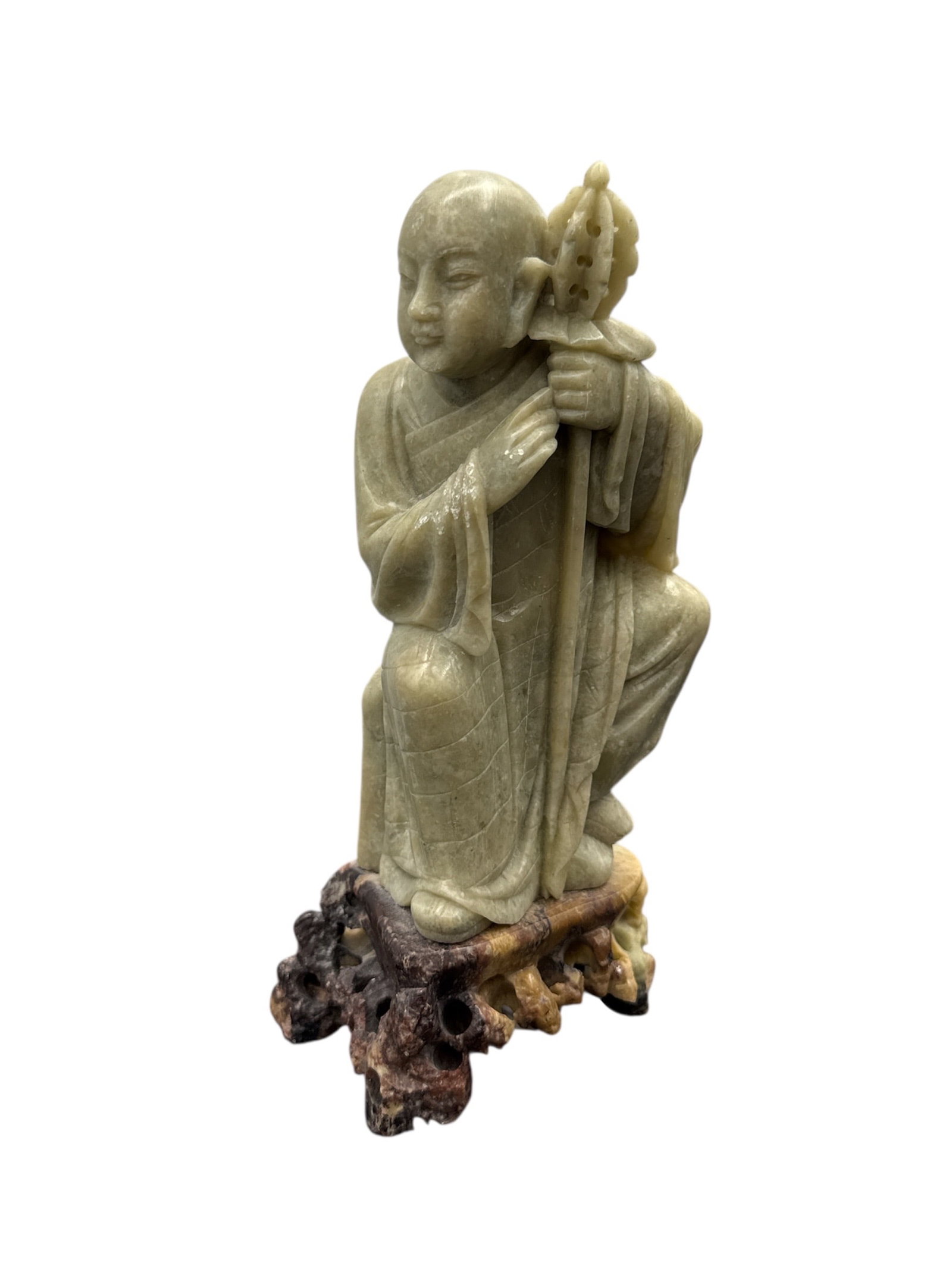 Antique Chinese Hand Carved Soapstone Figure of an Immortal, Monk, or Sage on Naturalistic Base, (1 of 4)