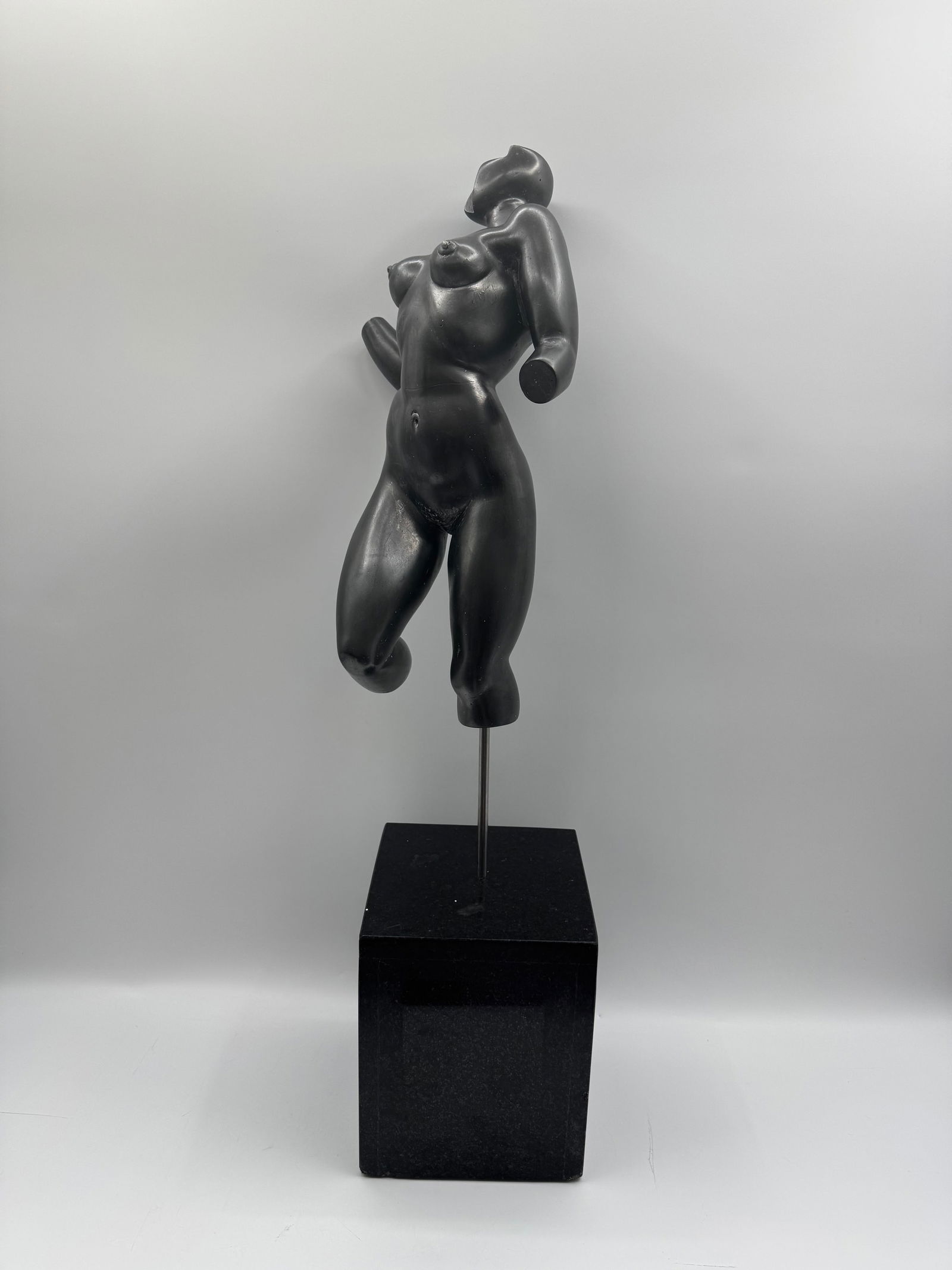 Abstract Sculpture by Hector Lombana Pineres (Colombia, 1930-2008): Description: Abstract sculpture of a reclining figure connected to a black cube by renowned Colombian sculptor and painter Hector Lombana Pineres. About the artist: Hector Lombana Piñeres,