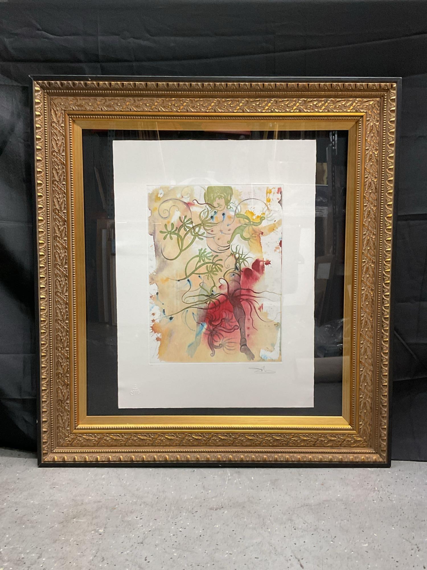 Les Liaisons d'Amour by Salvador Dali(Spain, 1904-1989) Engraving w/ Papers: Surrealist lithograph by Salvador Dali titled Les Liaisons d'Amour (Liaisons of Love), created in 1974 as part of the A Thousand and One Nights series. This vibrant and intricate work is hand sign