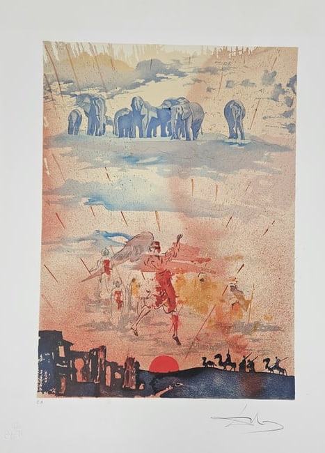 "Les Elephants sur Nuages (The Elephants on Clouds)" by Salvador Dalí (Spain, 1904-1989) Mixed: Artist: Salvador Dalí Title: Les Elephants sur Nuages (The Elephants on Clouds) Year: 1976 Dimensions: 15 x 21 in. Medium: Mixed Media, Color lithograph and engraving on Arches paper Signature: Hand