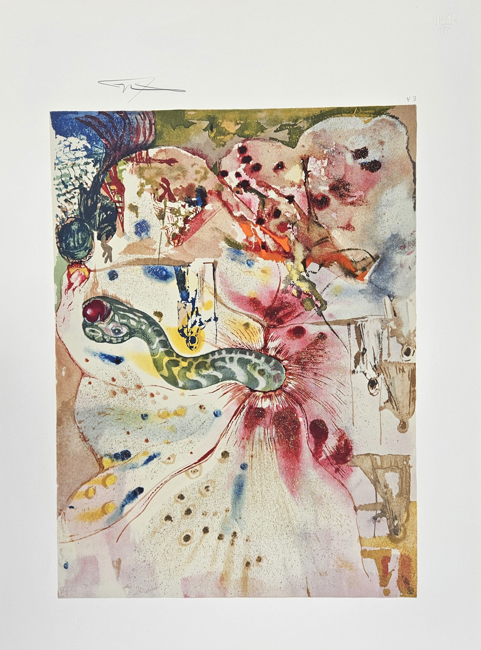 "Le Serpent et la Pomme (The Serpent and the Apple)" by Salvador Dalí (Spain, 1904-1989) Color: Artist: Salvador Dalí Title: Le Serpent et la Pomme (The Serpent and the Apple) Year: 1977 Dimensions: 15 x 21 in. Medium: Color lithograph, Engraving + Mi