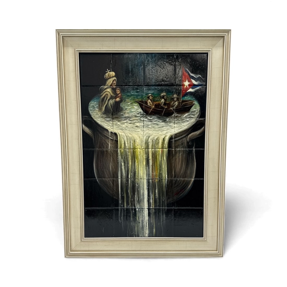 "Encuentro con la Virgen" by Roberto Fabelo ( Cuban, b.1950) Painting on Tile: Description:A powerful and evoca