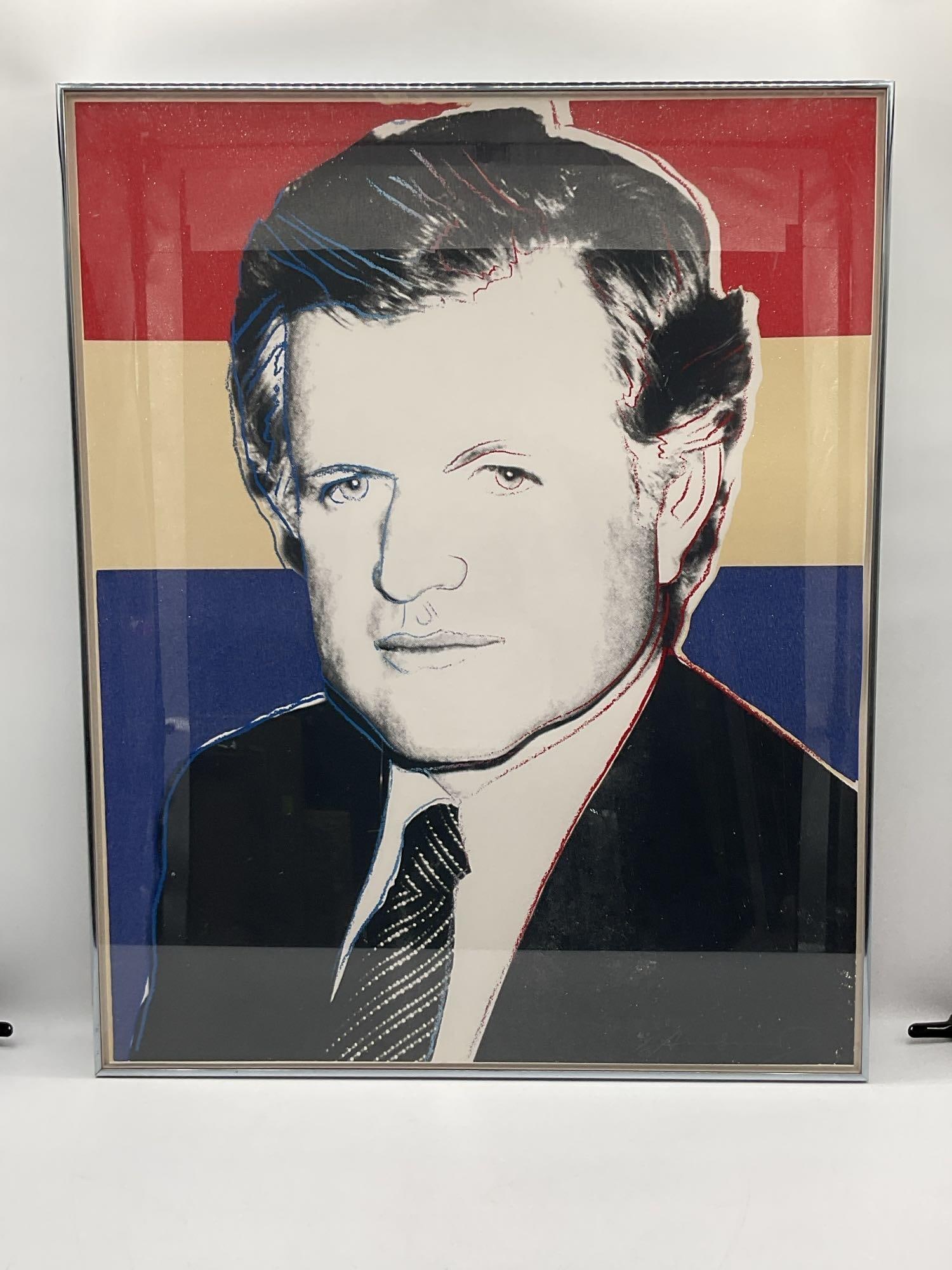 Edward Kennedy Deluxe Edition by Andy Warhol (American, 1928-1987) Screenprint: Limited edition piece by Andy Warhold depicting a striking pop art-style portrait of Edward Kennedy, featuring bold red, beige, and blue fields in the background and fine black line