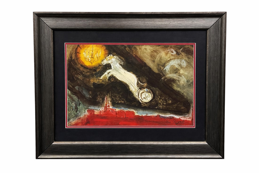 Marc Chagall (1887-1985) | "Scene Design for the Finale of the Ballet Aleko" (A Fantasy of St.: DescriptionThis auction offers a framed print of the iconic artwork "Scene Design for the Finale of the Ballet Aleko" by the acclaimed Russian-French modernist master, Marc