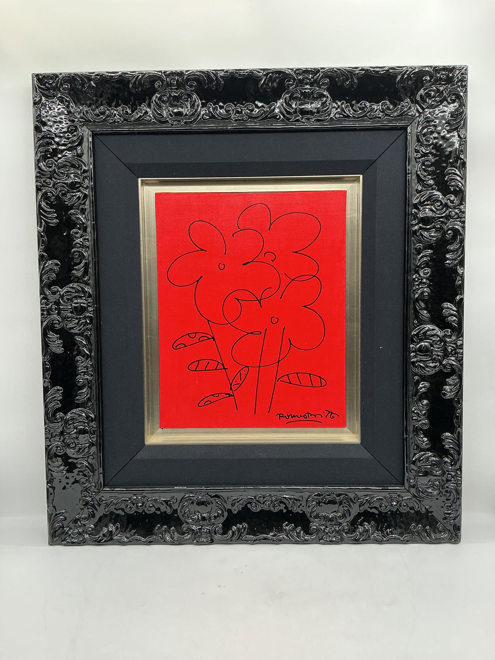 "Bouket" By Romero Britto (Brazil, b.1963) Acrylic on Canvas: Description: Vibrant pop-art composition by Romero Britto titled "Bouket" (2003). The work measures 20 x 16 inches and features Britto’s iconic playful floral motif in bold black