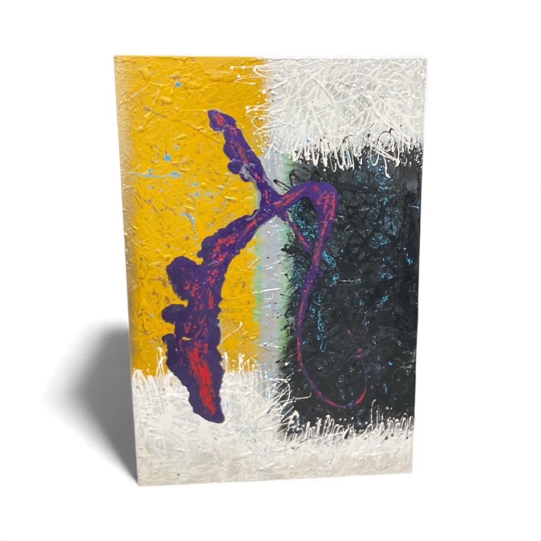 Miguel Angel-Jimenez – Yellow White and Black Abstract: Vibrant abstract painting featuring bold color blocks of yellow, white, and black with a dynamic sweeping purple form across the center, created in Miguel Angel-Jimenez’s textured impasto