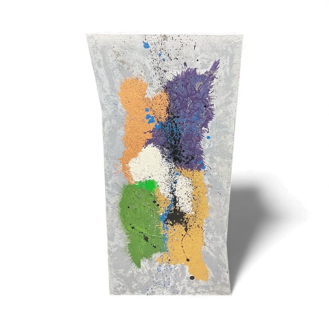 Miguel Angel-Jimenez – Multicolor Vertical Abstract with COA: Tall abstract artwork featuring layered blocks and strokes of purple, green, gold, peach, black, and white over a textured silver-gray background. Includes original certificate of authenticity and