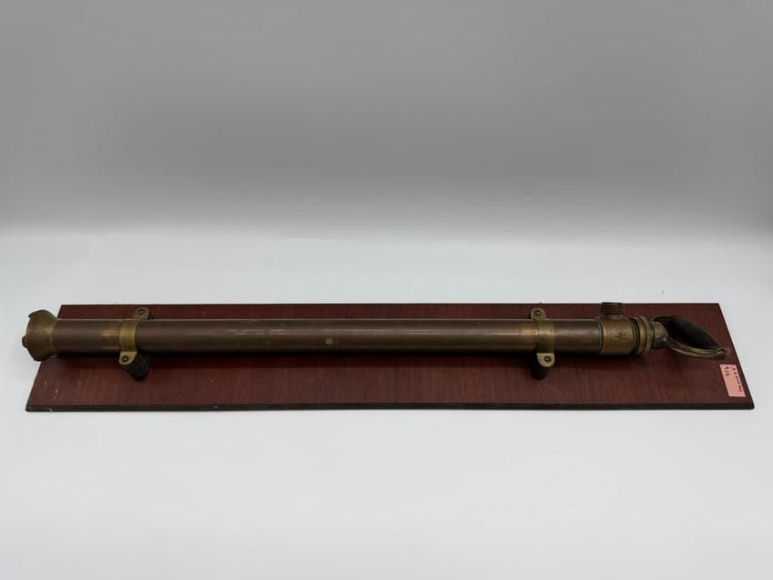 Antique Brass Fire Hose Nozzle on Wood Mount (1 of 4)