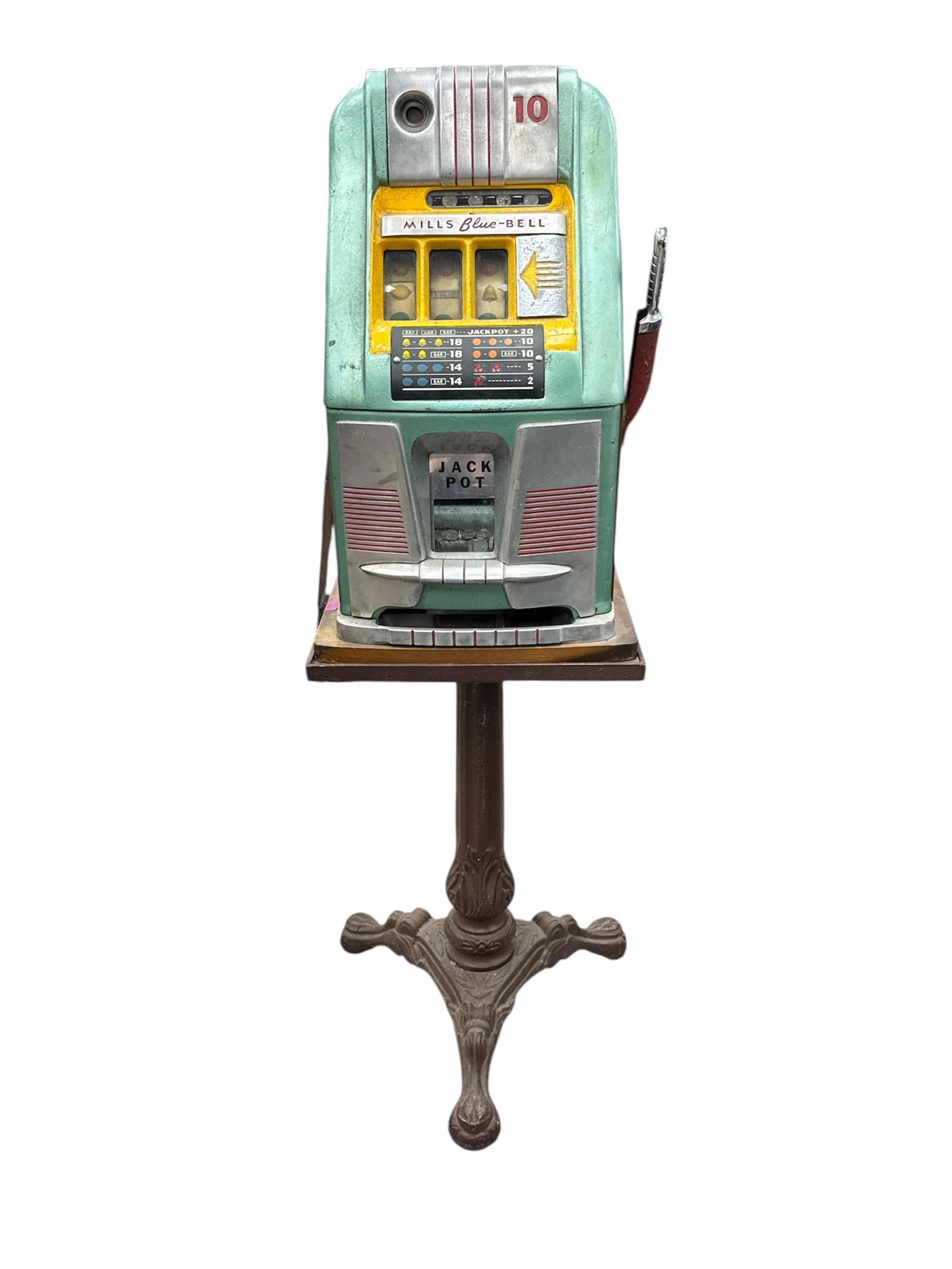 Vintage 10-Cent Mills High-Top "G-Bell" Slot Machine on Ornate Cast Iron Stand, Circa 1940s-1950s (1 of 7)