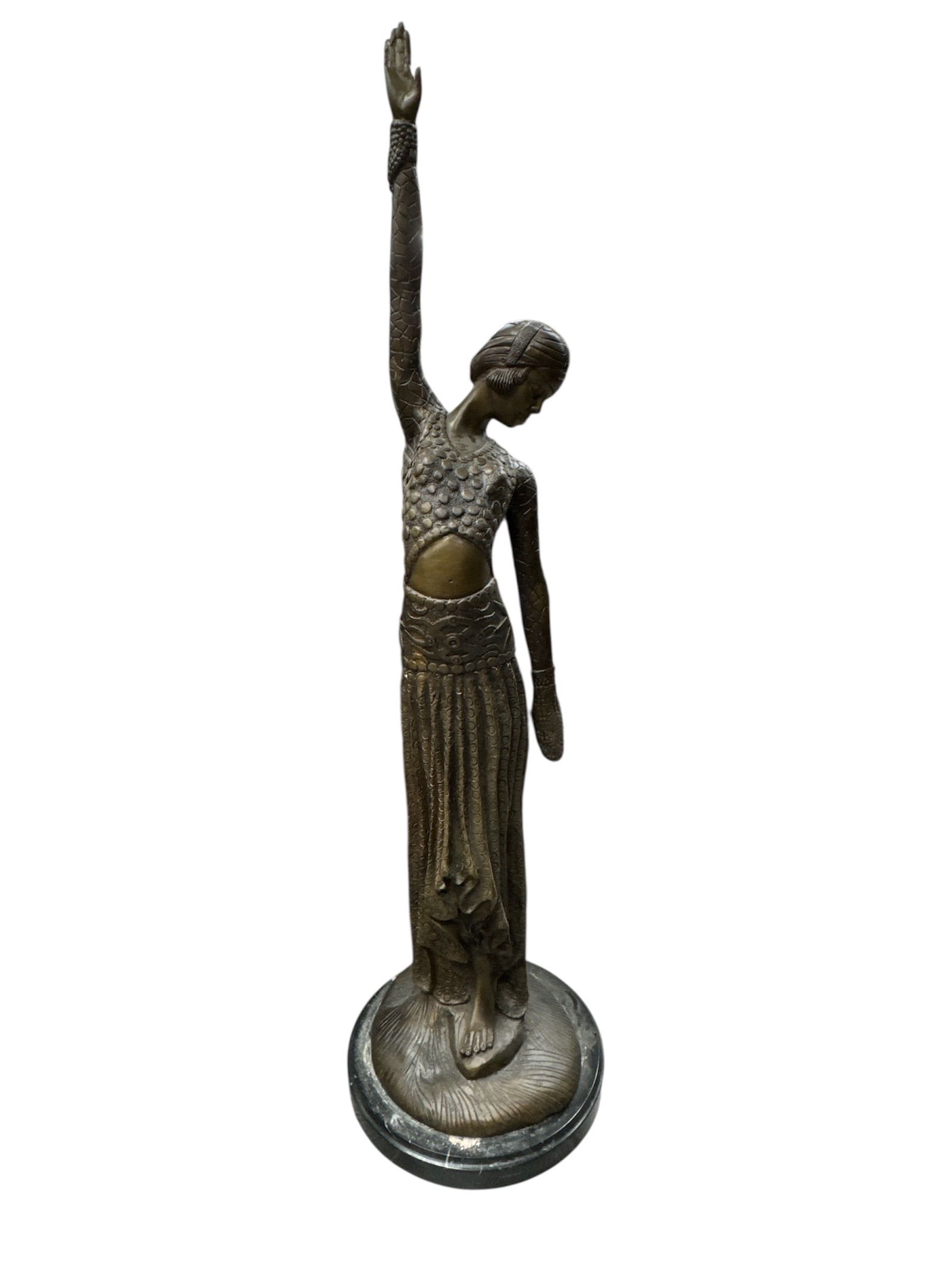 Bronze Art Deco Style Figural Sculpture of Standing Woman: Elegant bronze figural sculpture in the Art Deco style depicting a standing female figure with one arm raised upward in a graceful, elongated pose. The sculpture features stylized proportions and