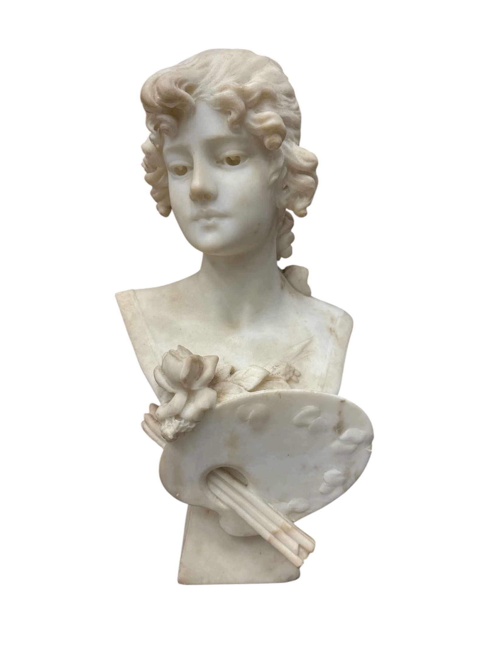 Signed Antonio Piazza (1875-1925) Italian Carrara Marble Bust of an Artist or Muse, c. 1900: DescriptionA magnificent hand-carved Carrara marble bust by the renowned Italian sculptor Antonio Piazza (1875-1925). This piece, dating to the late 19th or early 20th century,