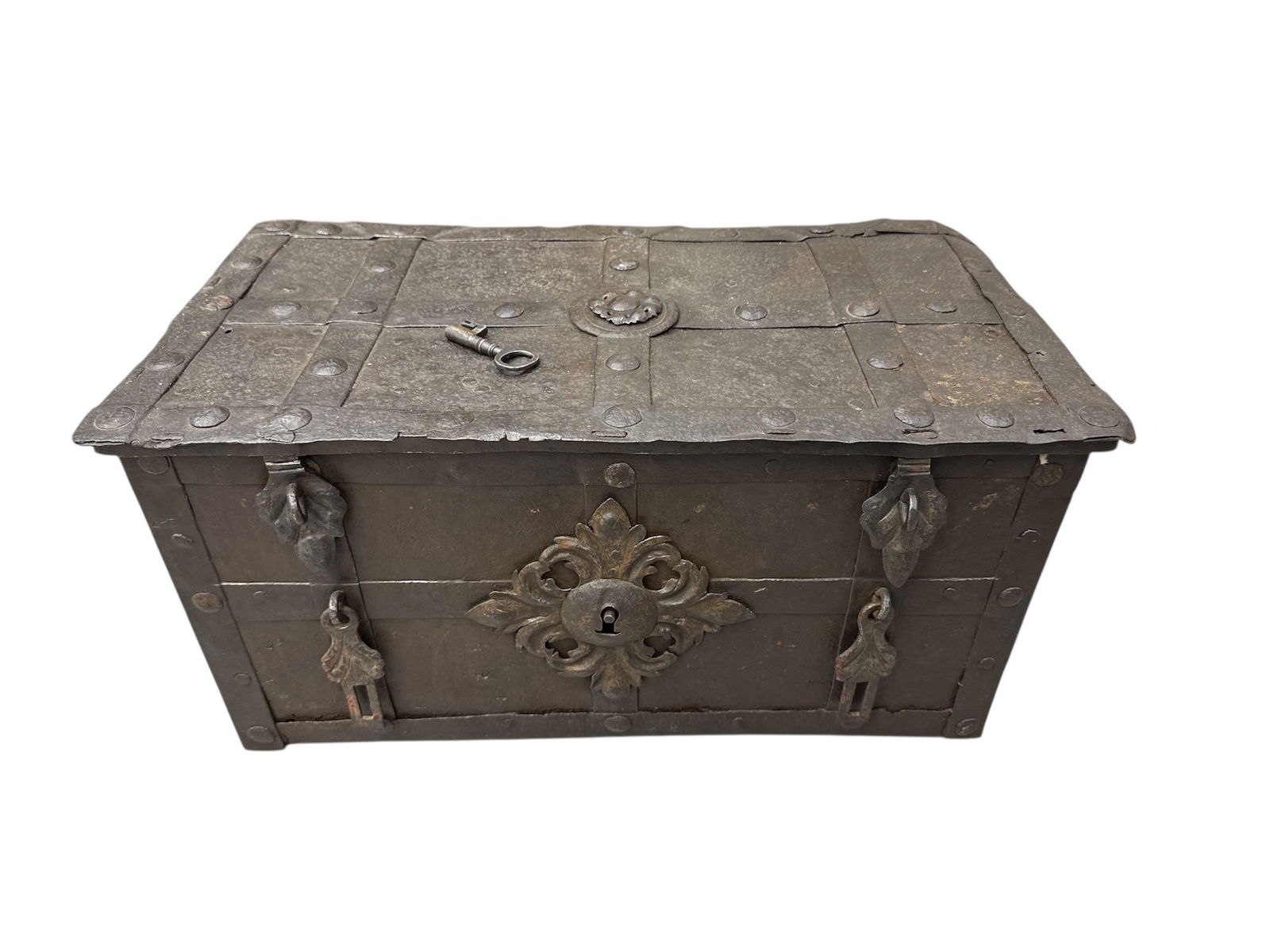 Rare 17th Century German Wrought Iron "Armada Chest" Strongbox with Key: DescriptionThis is a rare and museum-worthy antique iron strongbox, often referred to as an "Armada" chest or coffer, likely originating from Nuremberg, Germany, dating to the