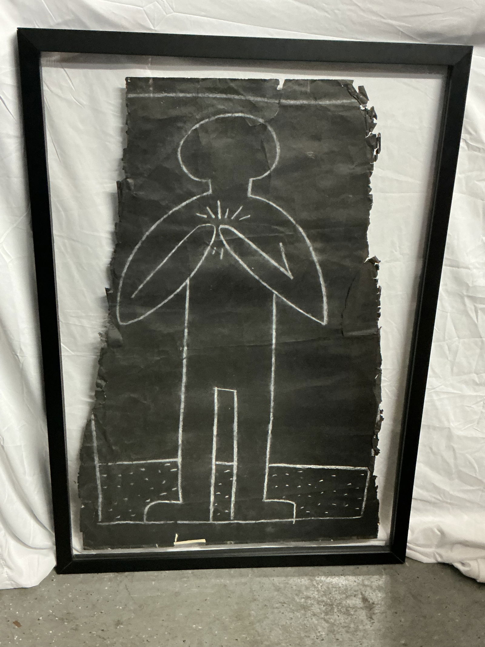 ORIGINAL "Man with Glowing Heart" by Keith Haring (American, 1958-1990) Subway Drawing: Description: An archetypal example of the artist's seminal "subway drawings," this work was executed in white chalk on a black advertising panel. Dating from the early-to-mid 1980s,