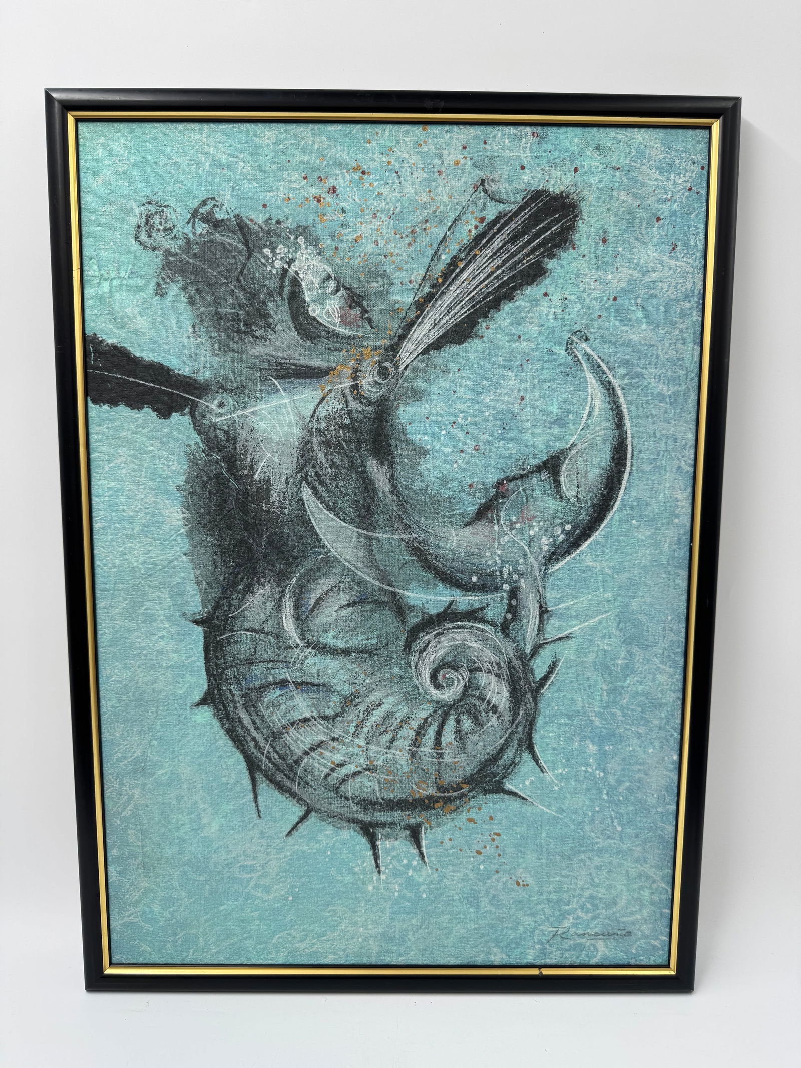 Ernesto Rancano Vietes (Cuban, b.1968) Mixed Media Original: Description: Abstract composition by Ernesto Rancano Vietes, featuring surreal imagery in shades of blue and gray. Framed. Medium: Mixed media, oil, ink, chalk and other elements on canvas Dime